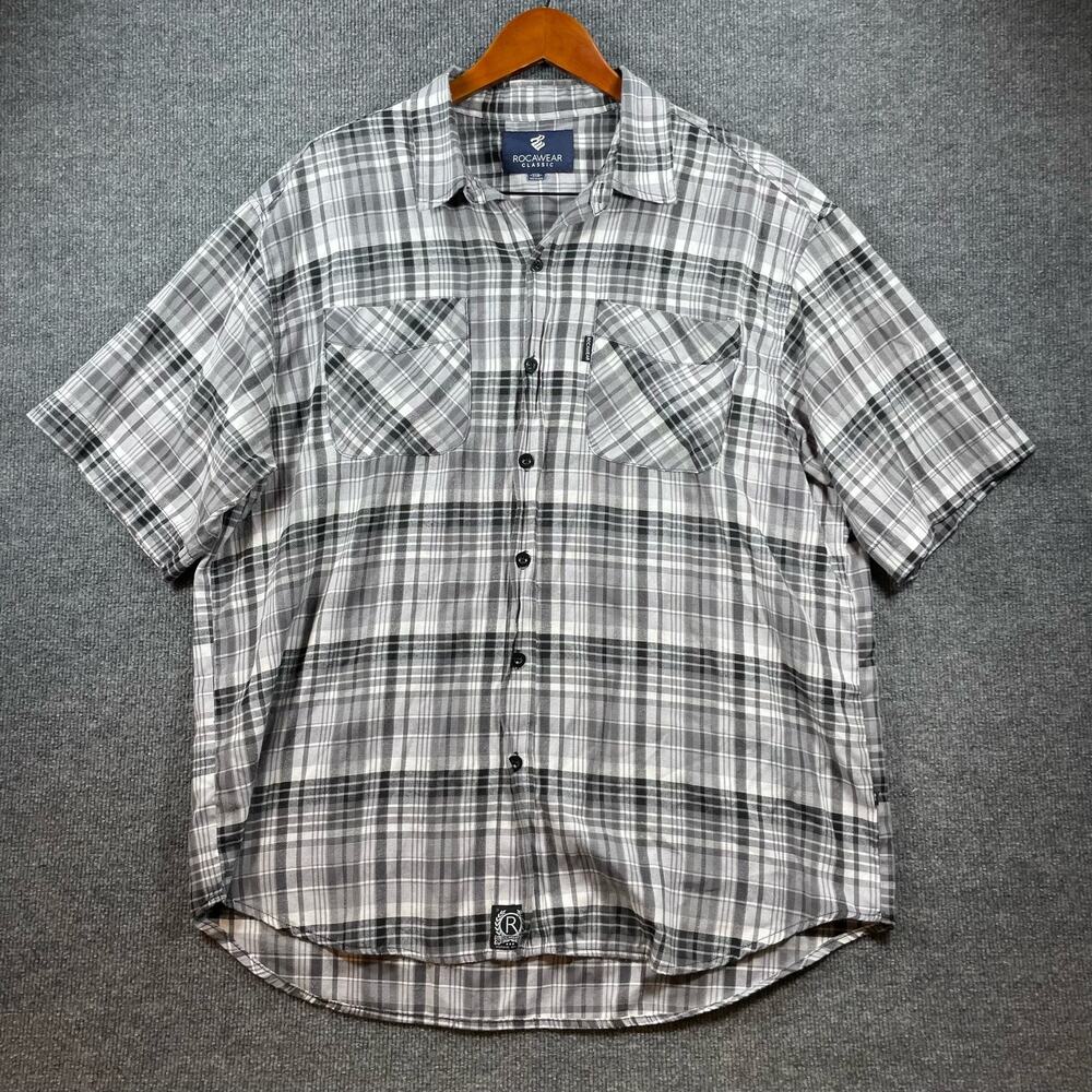 Rocawear Classic Button Up Shirt Men's 3XB Black/Gray Plaid Casual Big Man